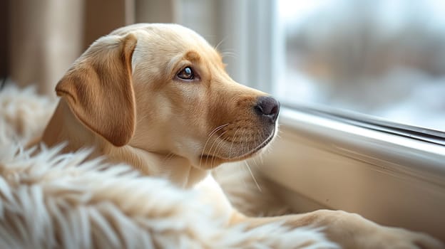 Adorable young labrador puppy resting by the window on soft fur with a contemplative gaze