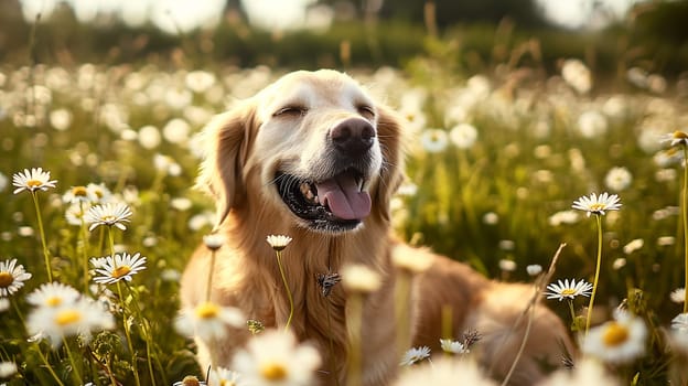 Happy golden retriever dog smiling in a daisy field with flowers in nature and outdoors