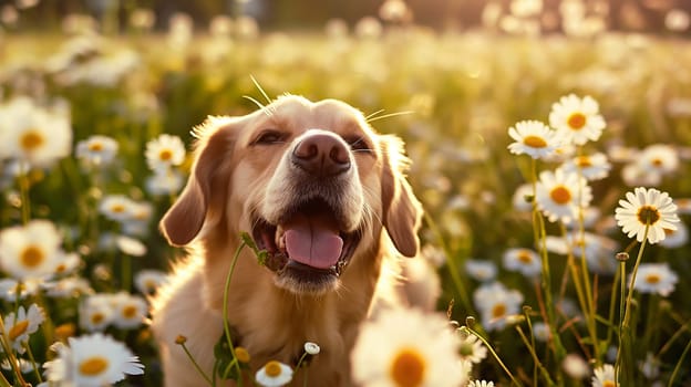 Golden Retriever Smiling Amidst Flowers in a Field at Sunset, Happy Daisies in Nature