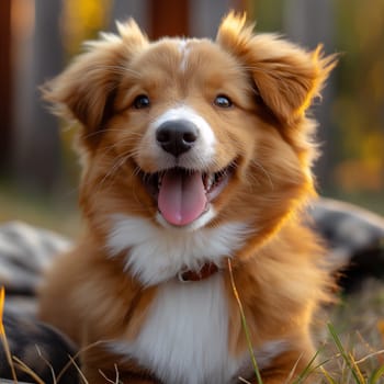 Adorable puppy dog smiling outdoors on the grass in a fluffy and happy portrait