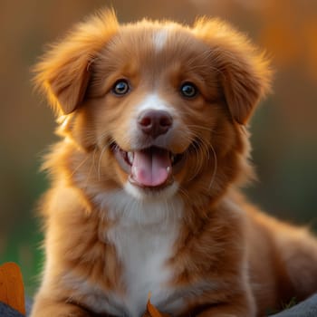 Adorable cute puppy dog with fluffy fur and a happy smile outdoors in autumn