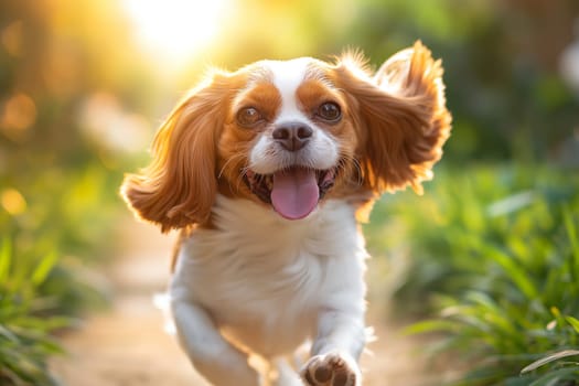 Happy dog puppy running outdoors on a sunlit path, playful and joyful with fur gleaming in the sunlight