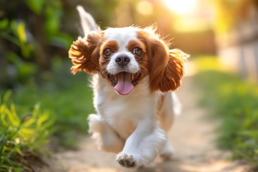 Energetic King Charles Spaniel puppy running happily on a sunlit path through green grass