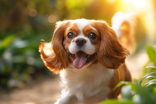 Happy Cavalier King Charles Spaniel puppy outdoors in nature with sunlight and greenery