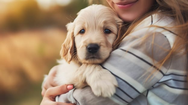 Cute adorable puppy cuddling with a young girl in nature, showcasing a lovable and happy moment
