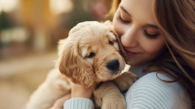 Cute puppy and woman bonding outdoors, enjoying a cozy snuggles and happy, adorable moments