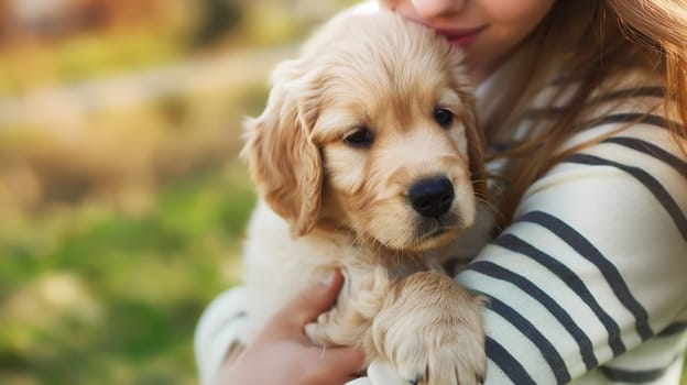 Cute young puppy golden retriever dog outdoor with a child holding adorable fluffy pet
