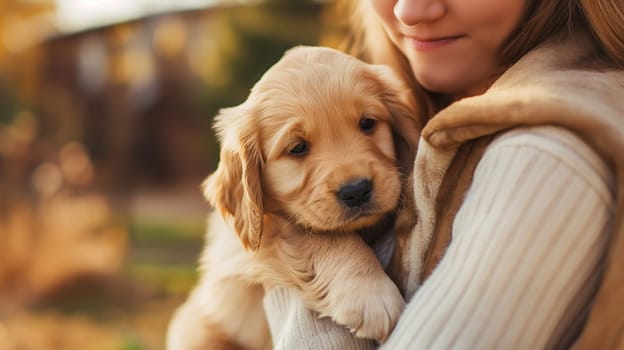 Smiling girl hugging adorable golden retriever puppy outdoors on a beautiful autumn day