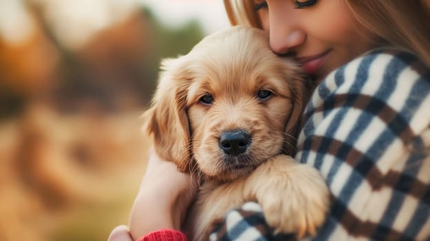 Girl hugging adorable puppy with love and affection outdoors in nature