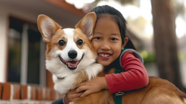 Child hugging a corgi dog outdoors with a smile, showcasing companionship, friendship, and joy
