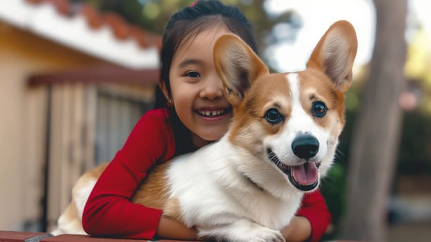 Girl child smiling happy with corgi dog pet outdoors, hugging cute and enjoying time together.