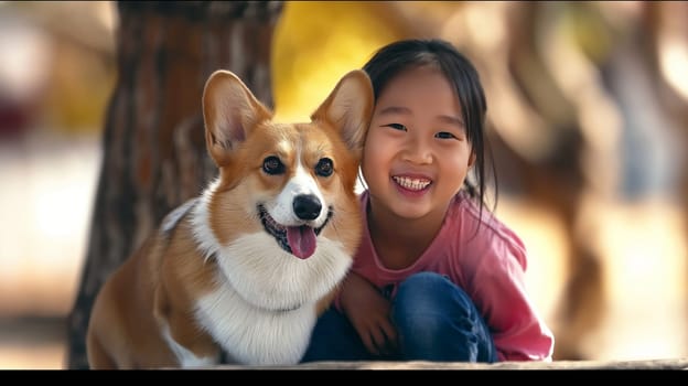 Cute girl smiling outdoors with her corgi puppy sitting near a tree on a sunny day