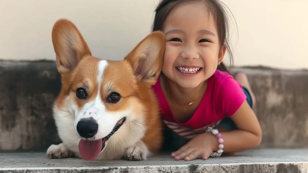 Girl smiling with corgi dog, happy child and pet in a cute and playful moment