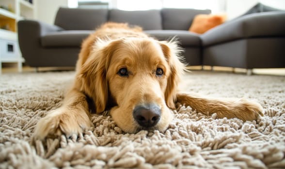 Golden retriever dog pet lying on a carpet, living room couch visible in the background