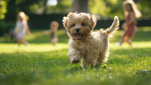 Cute puppy running on grass playing with children in summer outdoors happy and playful