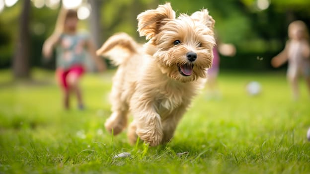 Cute puppy playing with children running on grass in a happy and joyful nature outdoors