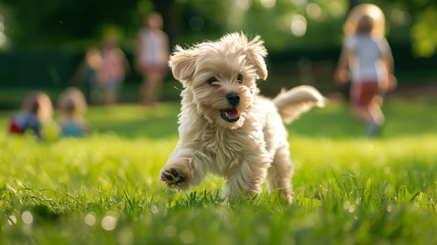 Playful puppy running on grass in park with children on a happy summer day outdoors