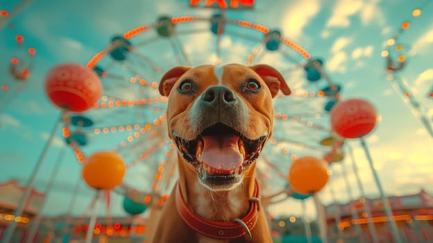 Smiling dog enjoying ferris wheel ride at an amusement park during a joyful summer day