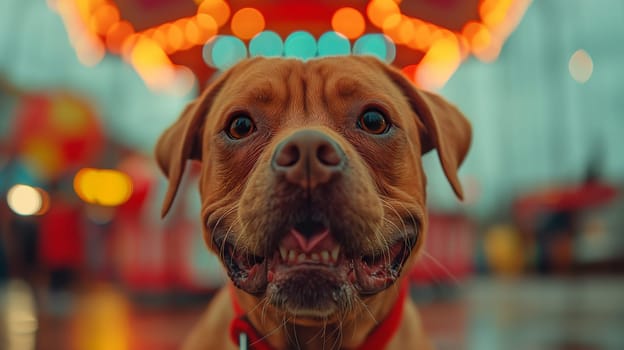 Adorable brown puppy smiling happily with amusement park lights in the background