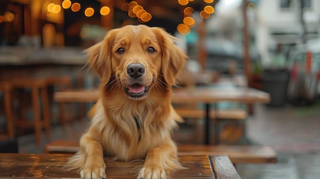 Adorable golden retriever dog puppy sitting on a bench with blurred bokeh lights background