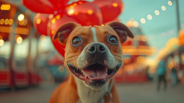 Happy smiling dog face closeup with red balloons in fun and joyful festive portrait