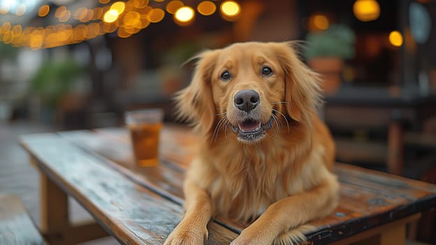 Golden retriever dog sitting on an outdoor table with lights in the evening
