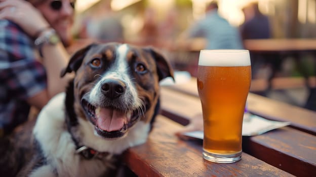 Dog and beer on an outdoor table, relaxed enjoyment for pet and drink in a happy, wooden setting