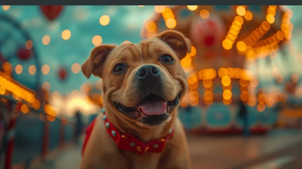 Adorable puppy smiling at the carnival with bright lights and bokeh in the background