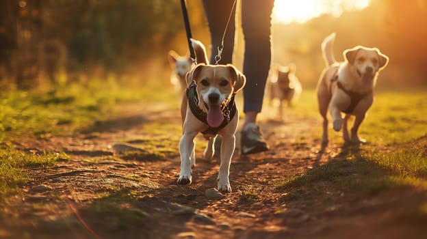 Dogs walking in the park at sunset on a leash with their owner, enjoying outdoors and the trail