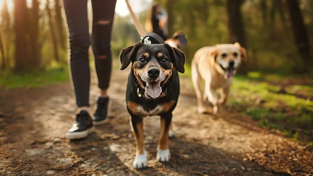 Happy dog walking on a forest trail with leash in sunlight, enjoying outdoors and nature