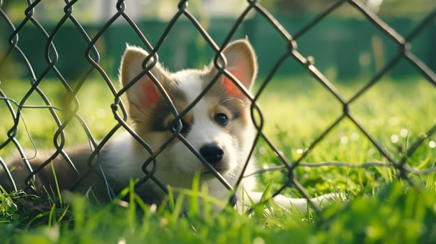 Cute puppy sitting behind a fence on a sunny summer day in the grass outdoors adorable pet