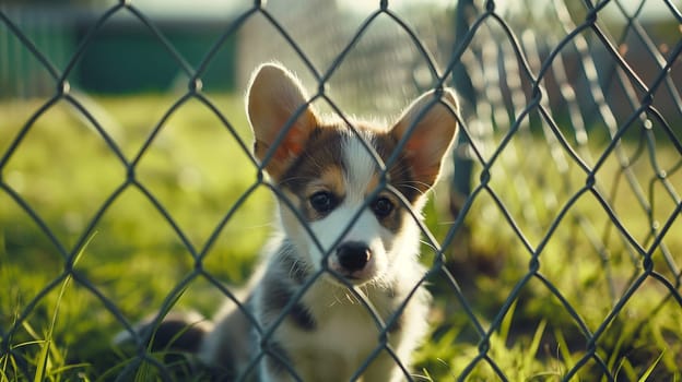 Adorable young corgi puppy behind a fence on green grass in sunlight