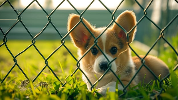 Cute corgi puppy with big ears and curious eyes sitting on the grass by a fence outdoors.