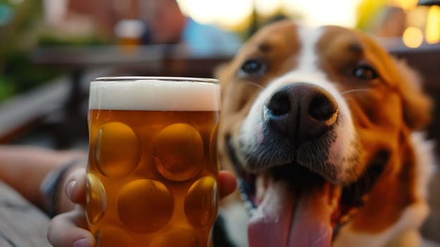 Dog enjoying a frothy beer glass on a sunny summer patio at a happy pub