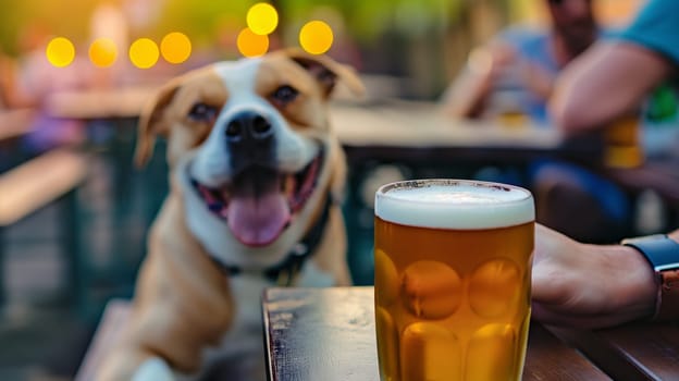 Smiling dog enjoying a beer outdoors in the evening at a pub table with lights and a glass