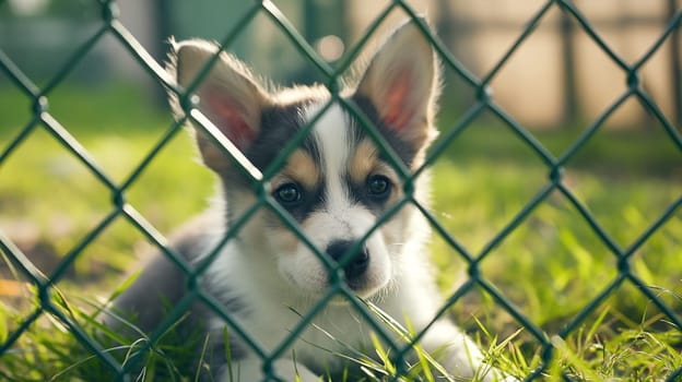 Cute corgi puppy with big ears sitting by a fence in the grass outdoors