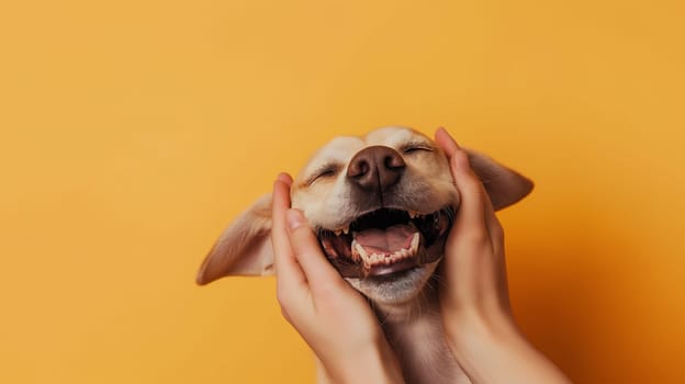 Joyful puppy laughter closeup with happy smiling face and yellow background, hands holding dog
