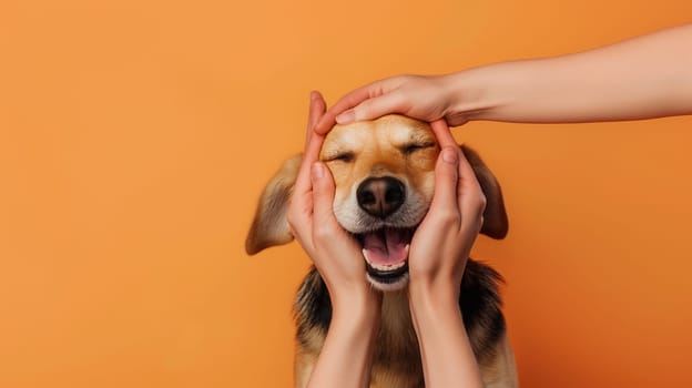 Happy dog portrait with smiling face and hands showing affection on the orange background