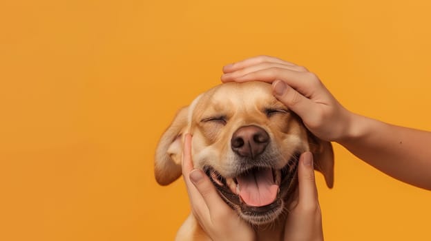 Cute puppy dog smiling happily while being petted by hands on a joyful yellow background