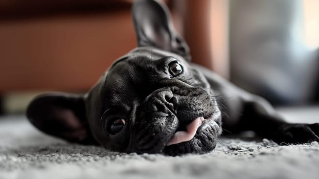 Adorable black French bulldog puppy resting on carpet with cute face and tongue out