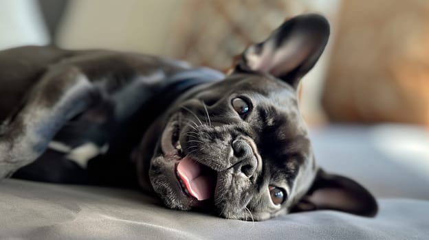 Adorable black Frenchie puppy smiling and relaxed on a couch with tongue out and playful expression