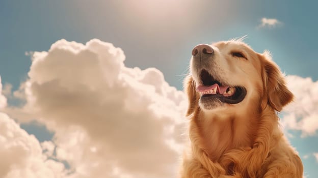 Happy golden retriever dog smiling under the bright sunlight with fluffy clouds in the sky