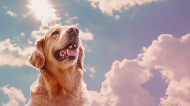 Happy golden dog enjoying sunlight outdoors with sky and clouds in summer portrait of nature