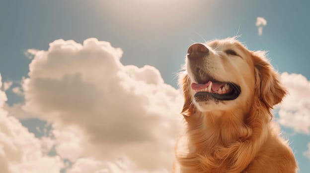 Happy golden retriever dog with smiling face under a sunny sky with clouds enjoying the sunlight