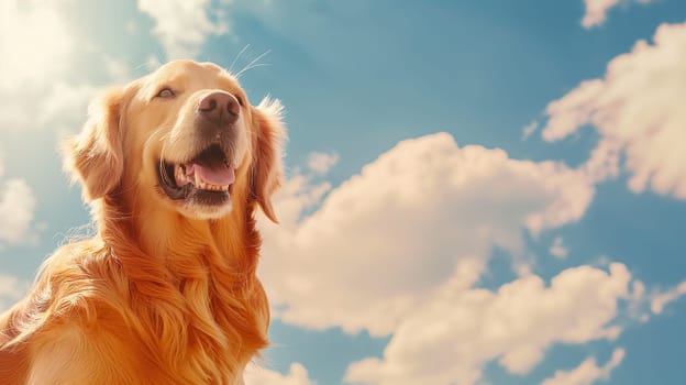 Happy golden retriever dog smiling outdoors under sunny sky with fluffy clouds