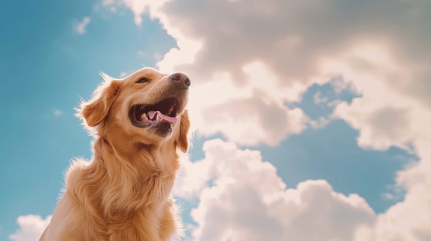 Happy golden retriever smiling on a sunny day with sky and clouds