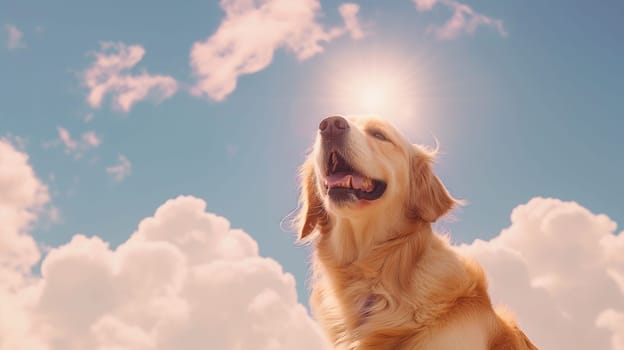 Happy golden retriever dog enjoying sunshine in the sky with fluffy clouds and nature