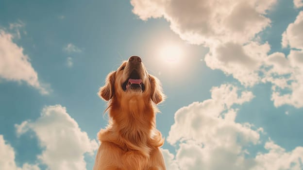 A happy golden dog under sunlight with blue sky and clouds in a joyful and bright day outdoors