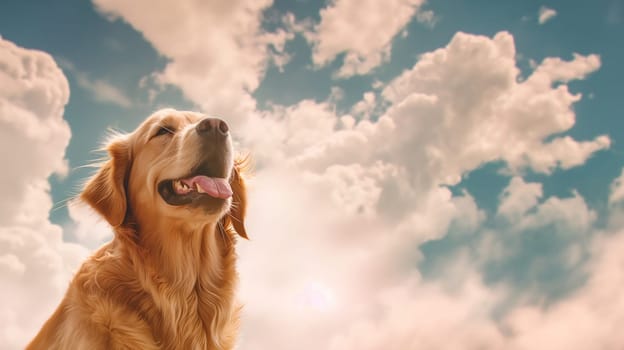 Happy golden retriever dog in the sky with clouds enjoying the sunlight outdoors