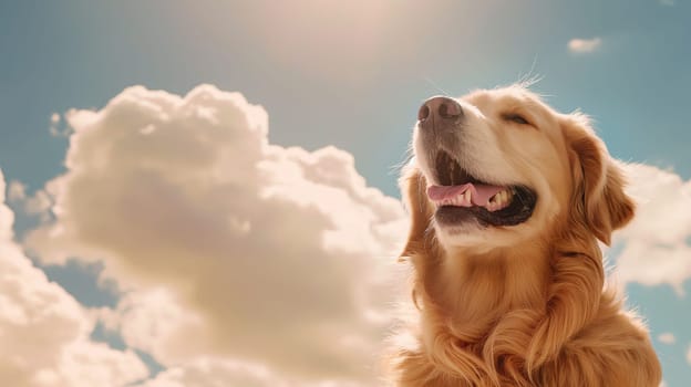 Golden retriever dog happy under a sunny sky with a smile in a beautiful outdoor field portrait